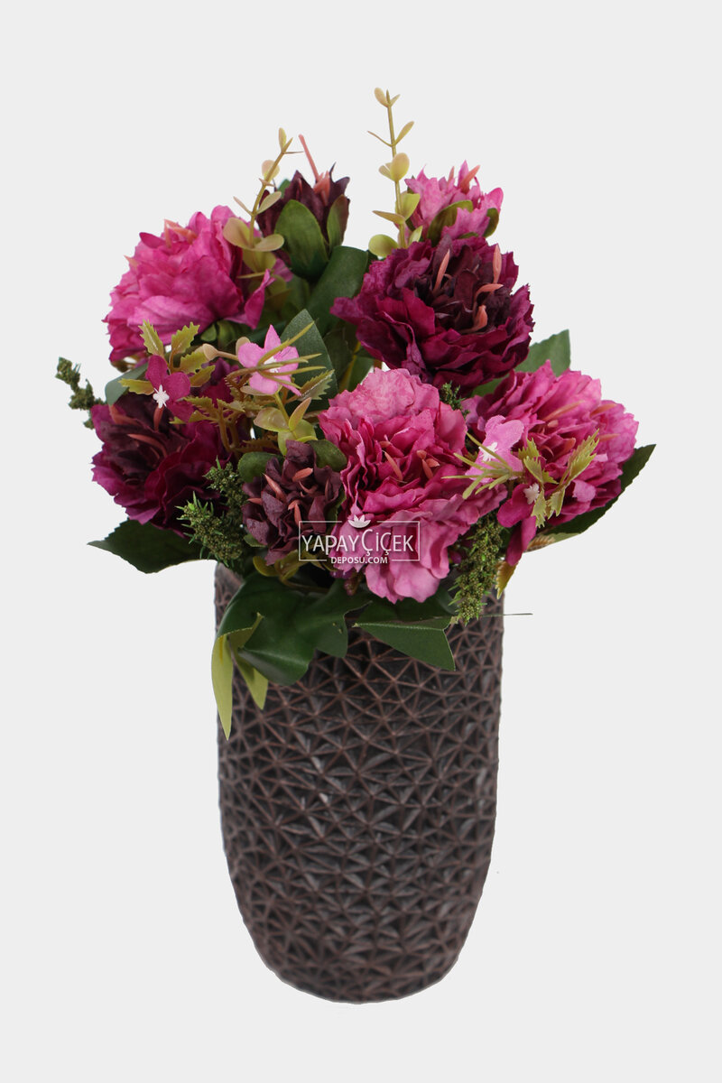Lüx Beton Retro Tombul Vazoda Yapay Kasımpatı Tanzimi 25 Cm Mürdüm-pembe