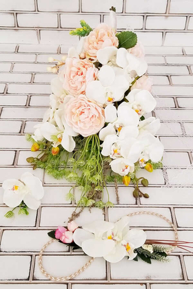 Yapay Çiçek Deposu - Orkide Şakayık Şöleni Gelin Çiçeği Beyaz Somon 3lü set