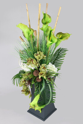 Yapay Çiçek Deposu - Ahşap Saksıda Deluxe Yapay Gala Aranjmanı 140 cm Yeşil