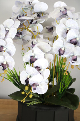 Dekoratif Ahşap Saksıda 7 Dal Orkide Tanzimi Gri Mor - Thumbnail