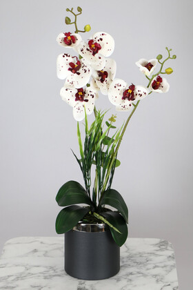 Yapay Çiçek Deposu - Mini Metal Saksıda Mini Yapay Islak Orkide Tanzimi 60 cm Beyaz Benekli