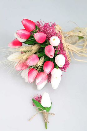 Gonca Islak Lale Gelin Çiçeği 2li Set Beyaz-Pembe - Thumbnail