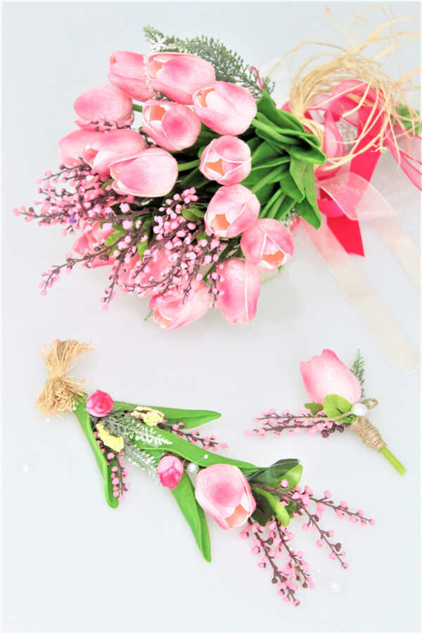 Islak Lale Gelin Çiçeği Pembe Şöleni 3lü Set