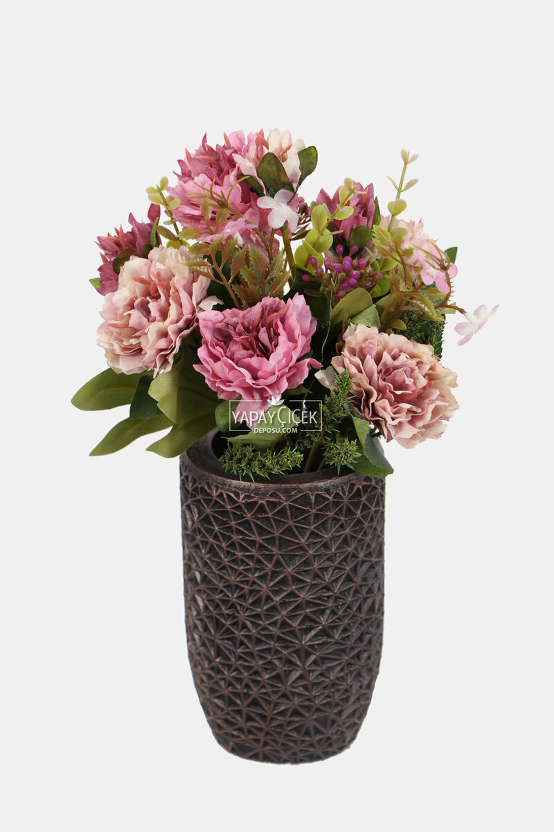 Lüx Beton Retro Tombul Vazoda Yapay Kasımpatı Tanzimi 25 Cm Pembe-krem
