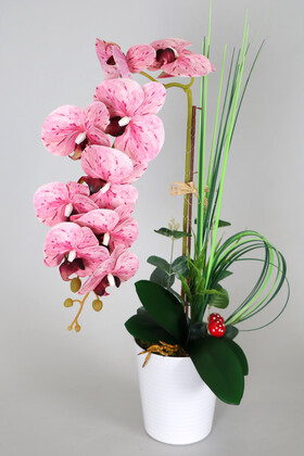Yapay Çiçek Deposu - Mika Saksıda Yapay Baskılı Islak Orkide Tanzimi 55 cm Pembe Benekli