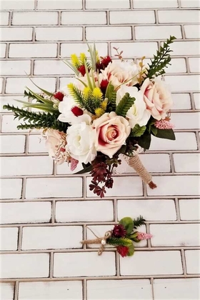 Yapay Çiçek Deposu - Polya Somon Beyaz Güller Gelin Buketi 2li Set