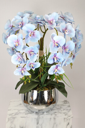 Yapay Çiçek Deposu - Metal Orta Boy Gümüş Saksıda Islak Premium Orkide Havai Mavi