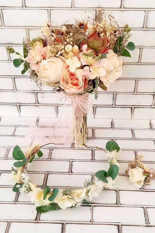 Pudra Gül Kuru Çiçek Şöleni 3lü Set