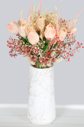 Yapay Çiçek Deposu - Mermer Desenli Lüks Vazoda Yapay Çiçek Lale Tanzimi 35 cm Primulina