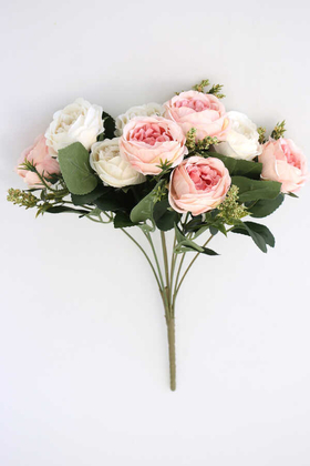 Yapay Çiçek 9 Dallı Meilland Cipsolu Gül Demeti Pembe Beyaz - Thumbnail