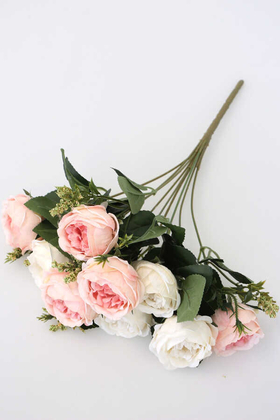 Yapay Çiçek 9 Dallı Meilland Cipsolu Gül Demeti Pembe Beyaz - Thumbnail