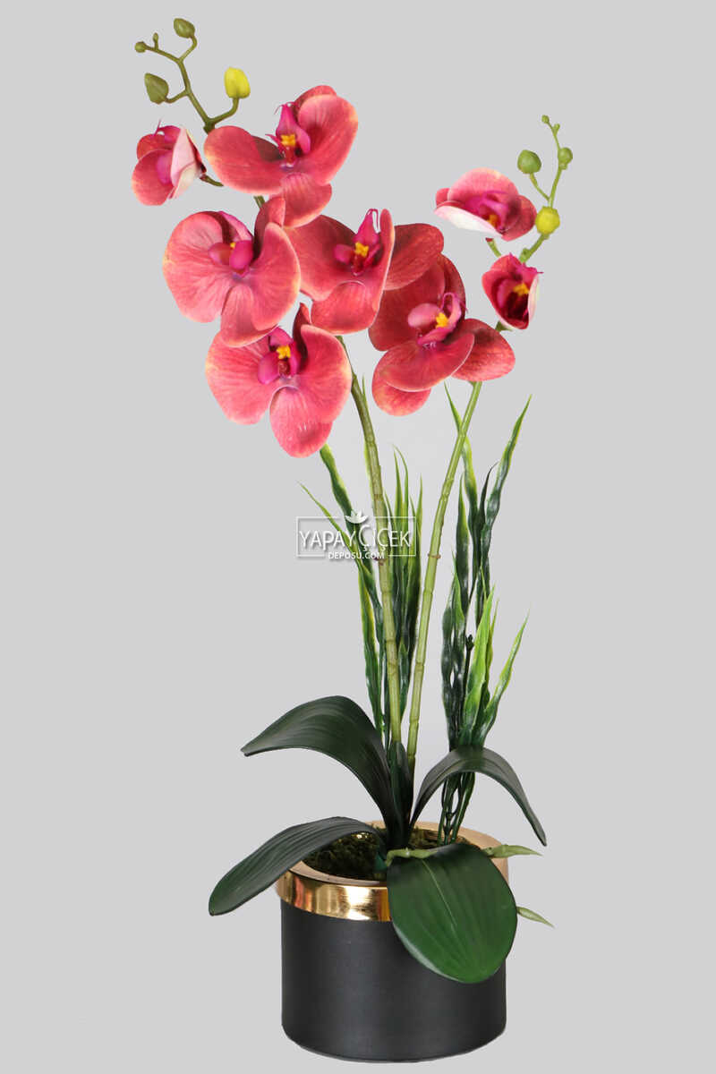 Mini Metal Saksıda Mini Yapay Islak Orkide Tanzimi 55 cm Pastel Fuşya