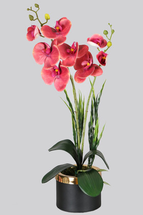 Yapay Çiçek Deposu - Mini Metal Saksıda Mini Yapay Islak Orkide Tanzimi 55 cm Pastel Fuşya