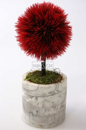 Yapay Çiçek Deposu - Yapay Ağaç Handmade Mermer Görünümlü Beton Saksıda Mini Top Kirpi Kırmızı-Grafitigri Saksı
