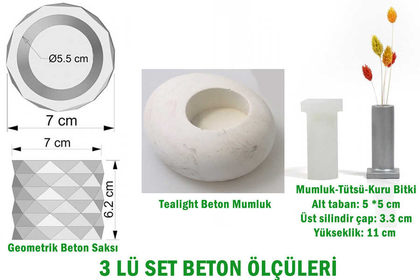 Handmade Beton Saksı-Mumluk-Kuruçiçeklik 3lü Set Model-16 Taş Rengi - Thumbnail