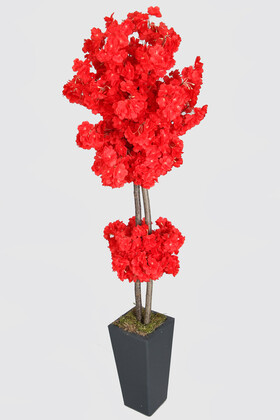 Yapay Çiçek Deposu - Ahşap Saksıda Yapay Bahar Dalı Ağacı Kırmızı 150 cm