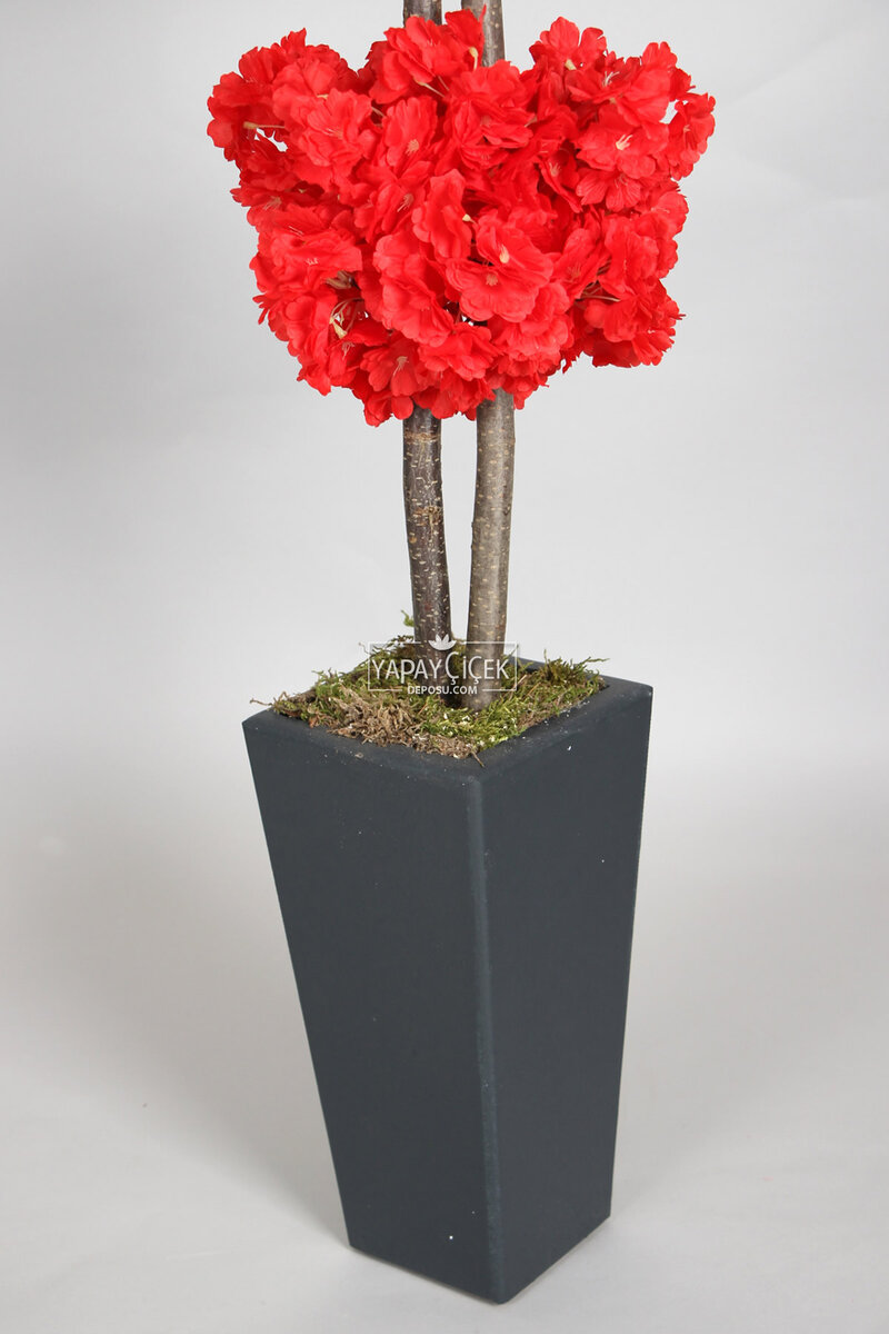 Ahşap Saksıda Yapay Bahar Dalı Ağacı Kırmızı 150 cm