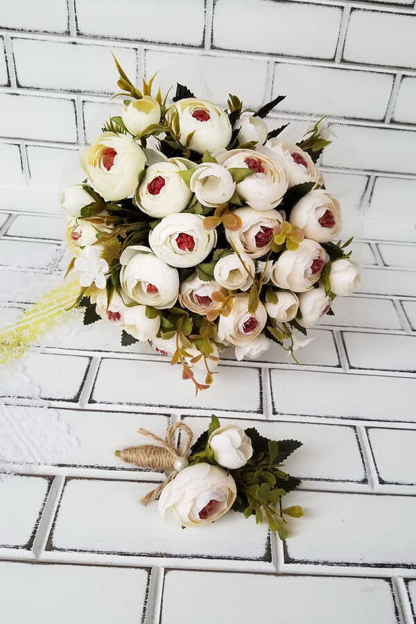 Samira Gelin Buketi Şakayık Güller Krem-beyaz 2li Set