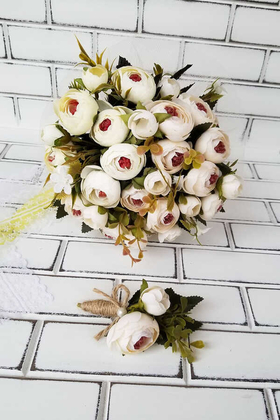 Yapay Çiçek Deposu - Samira Gelin Buketi Şakayık Güller Krem-Beyaz 2li Set