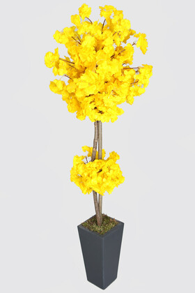 Yapay Çiçek Deposu - Ahşap Saksıda Yapay Bahar Dalı Ağacı Sarı 150 cm