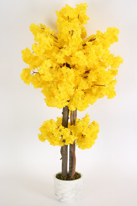 Yapay Çiçek Deposu - Beton Saksıda Yapay Bahar Dalı Ağacı 105 cm Sarı