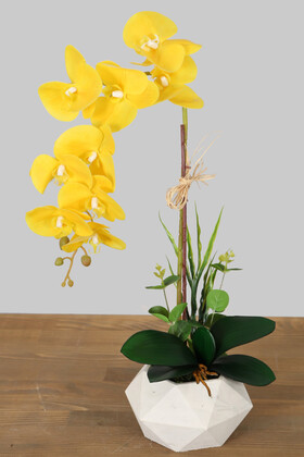 Yapay Çiçek Deposu - Beton Saksıda Yapay Baskılı Islak Orkide 55 cm Sarı