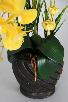 Vintage Kabartmalı Saksıda Yapay Baskılı Islak Orkide 55 cm Sarı - Thumbnail