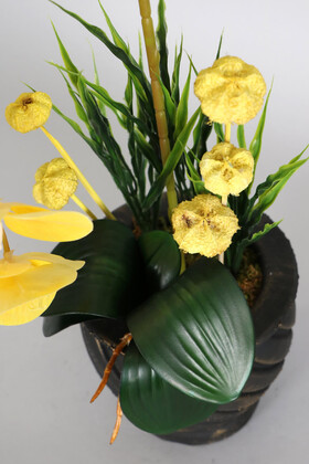 Vintage Kabartmalı Saksıda Yapay Baskılı Islak Orkide 55 cm Sarı - Thumbnail