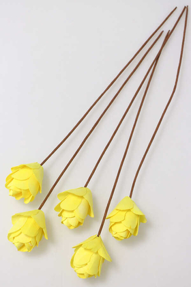 Yapay Çiçek Deposu - 5Li El Yapımı Ağaç Kabuğundan Dekoratif Gül Tombul Model Sarı