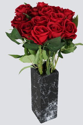 Yapay Çiçek Deposu - Mermer Desenli Siyah Vazoda 13 Dallı Kadife Gül Demeti Kırmızı 40 Cm