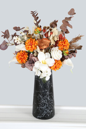 Yapay Çiçek Deposu - Mermer Desenli Lüks Siyah Vazoda Yapay Çiçek Aranjmanı 55 cm (Ladik)