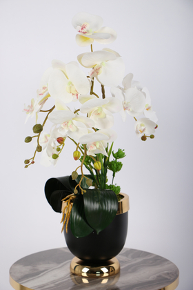 Yapay Çiçek Deposu - Metal Siyah-Gold Saksıda Lüx 4lü Orkide Beyaz