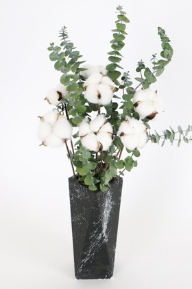 Yapay Çiçek Deposu - Mermer Desenli Prizmatik Vazoda Şoklanmış Okaliptus Pamuk Dalı Tanzim 45 cm