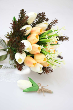 Yapay Çiçek Deposu - Islak Lale Gelin Çiçeği 2li Set Somon-Beyaz