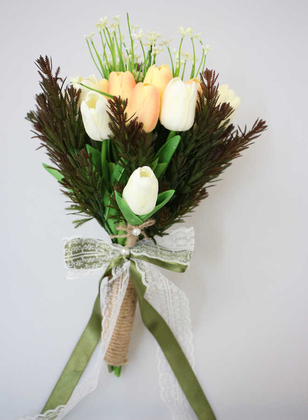 Islak Lale Gelin Çiçeği 2li Set Somon-Beyaz - Thumbnail