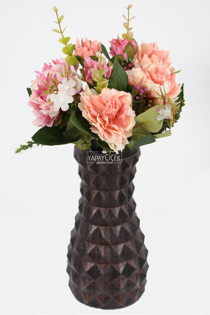 Lüx Beton Vintage Vazoda Yapay Kasımpatı Tanzimi 30 Cm Somon-pembe