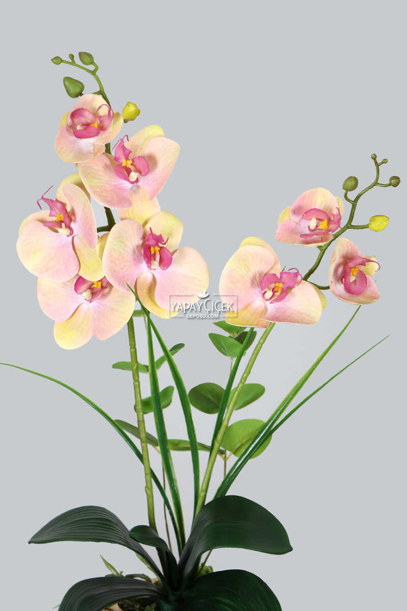 Mini Metal Saksıda Mini Yapay Islak Orkide Tanzimi 55 cm Somon