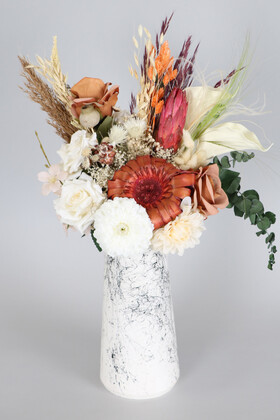 Yapay Çiçek Deposu - Mermer Desenli Lüks Vazoda Yapay Çiçek Aranjmanı 55 cm (Figor)