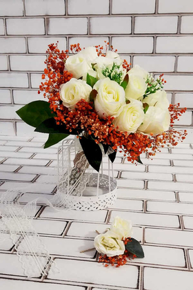 Yapay Çiçek Deposu - Turuncu Beyaz Gül Cipso Arajmanı