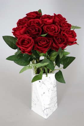Yapay Çiçek Deposu - Mermer Desenli Prizmatik Beyaz Vazoda 13 Dallı Kadife Gül Demeti Kırmızı 40 Cm