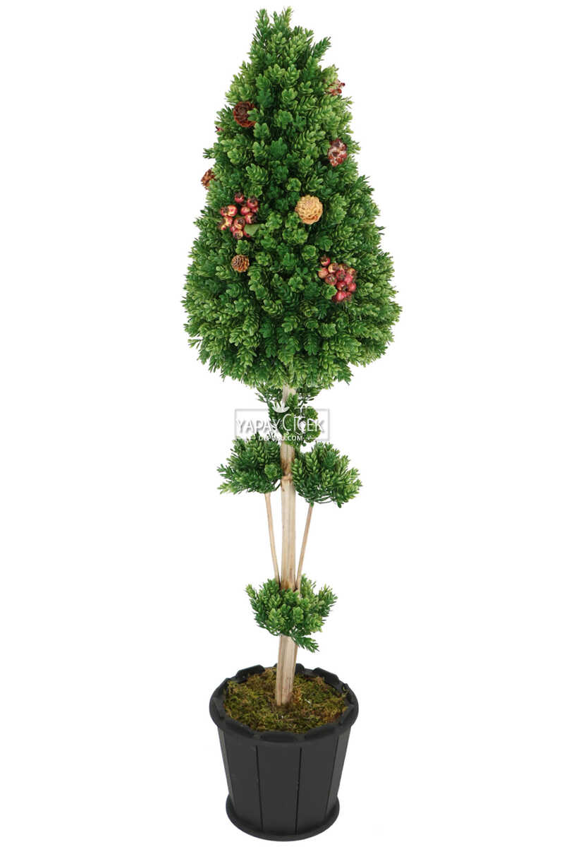 Ahşap Saksıda Yapay Çam Ağacı İthal Kozalaklı 115 Cm