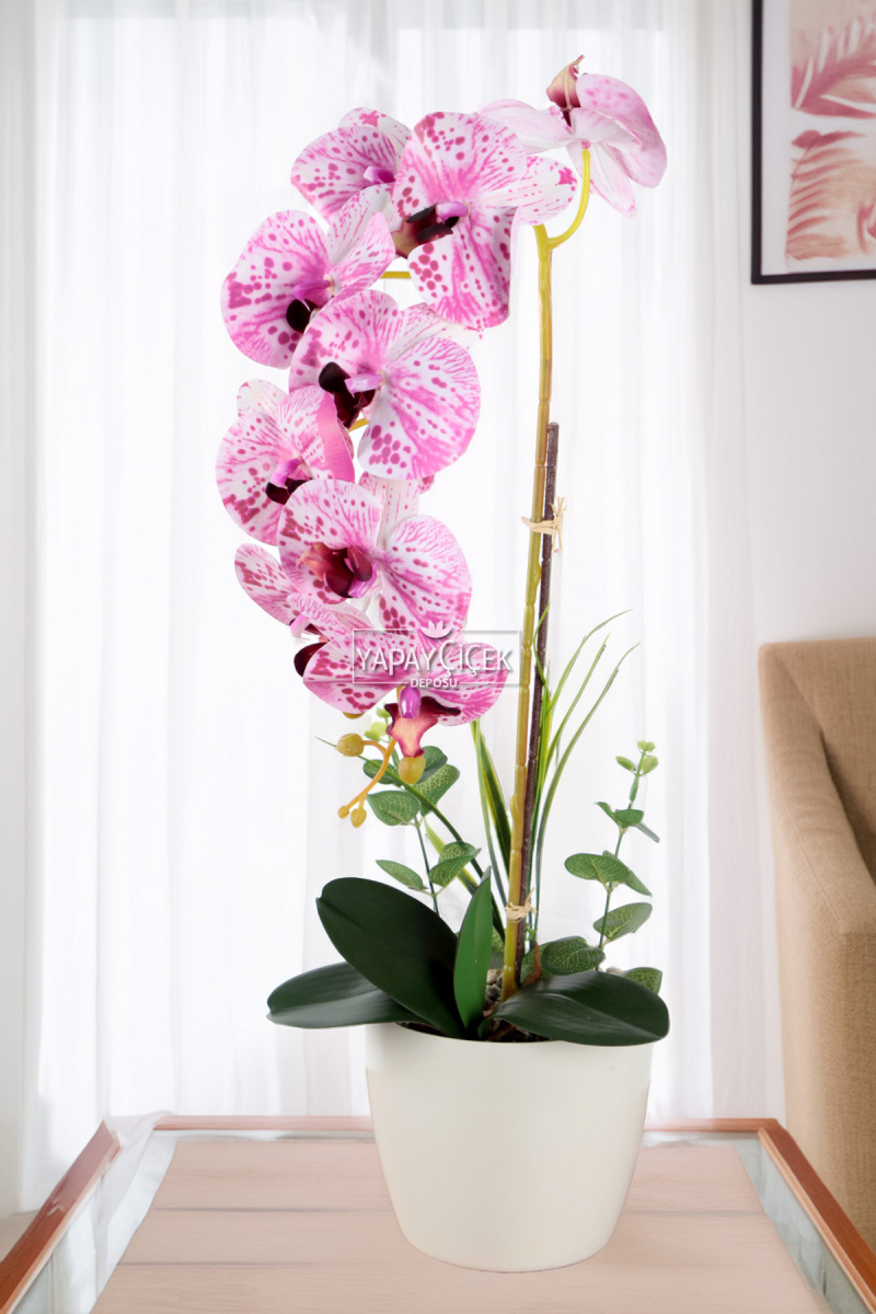 Saksıda Yapay Baskılı Islak Orkide 55 Cm Fuşya-beyaz