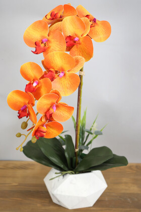 Yapay Çiçek Deposu - Beton Saksıda Yapay Baskılı Islak Orkide 55 cm Turuncu