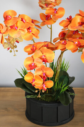 Dekoratif Ahşap Saksıda 7 Dal Orkide Tanzimi Turuncu - Thumbnail