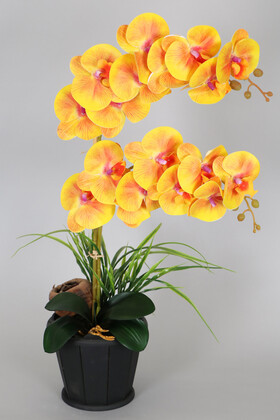 Yapay Çiçek Deposu - Dekoratif Ahşap Saksıda Yapay Orkide Tanzimi 68 cm Turuncu
