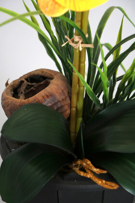 Dekoratif Ahşap Saksıda Yapay Orkide Tanzimi 68 cm Turuncu - Thumbnail
