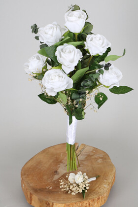 Yapay Çiçek Deposu - Tek Yönlü Cipsolu Beyaz Kadife Gül Gelin Buketi 2li Set Live