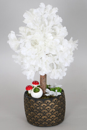 Yapay Çiçek Deposu - Kabartmalı Saksıda Minyatür Japon Bahar Dalı Ağacı 45 cm Beyaz