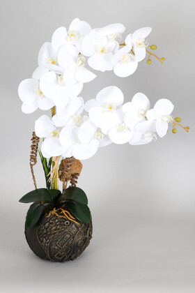 Yapay Çiçek Deposu - Vintage Kabartmalı Saksıda Yapay Baskılı Islak Orkide 60 cm Beyaz Sarı