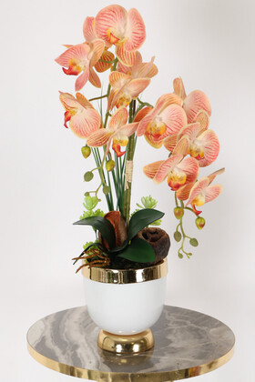 Yapay Çiçek Deposu - Metal Beyaz-Gold Saksıda Lüx 2li Islak Orkide Turuncu-Somon